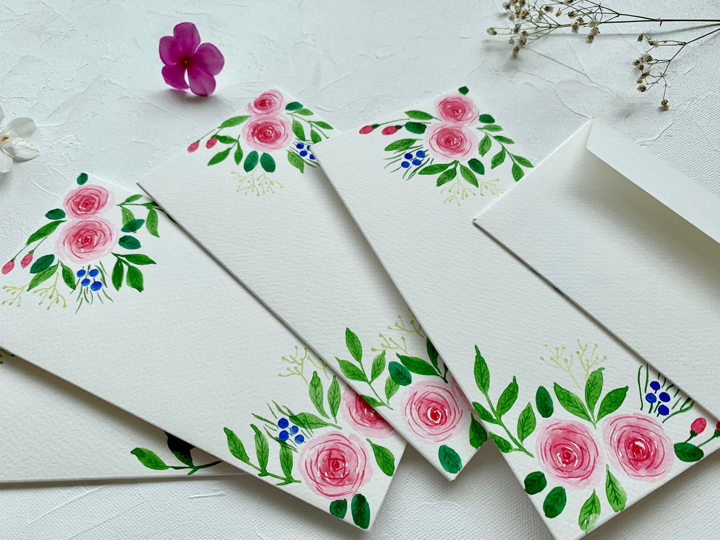 watercolour hand-painted envelopes rose garden