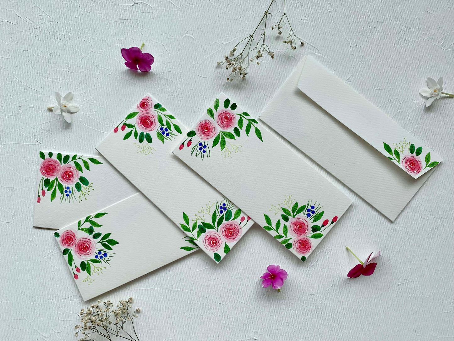 watercolour hand-painted envelopes rose garden