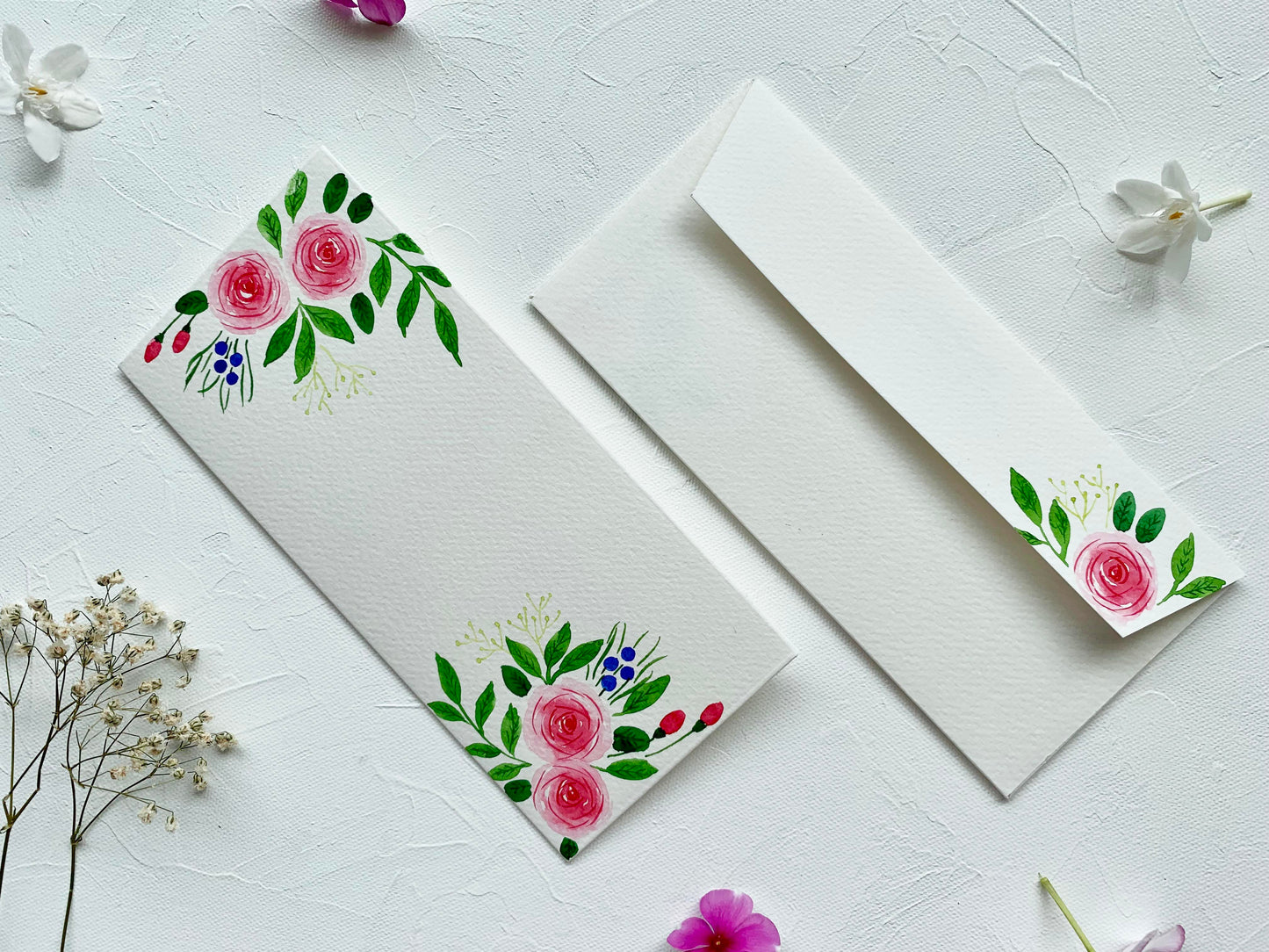 watercolour hand-painted envelopes rose garden