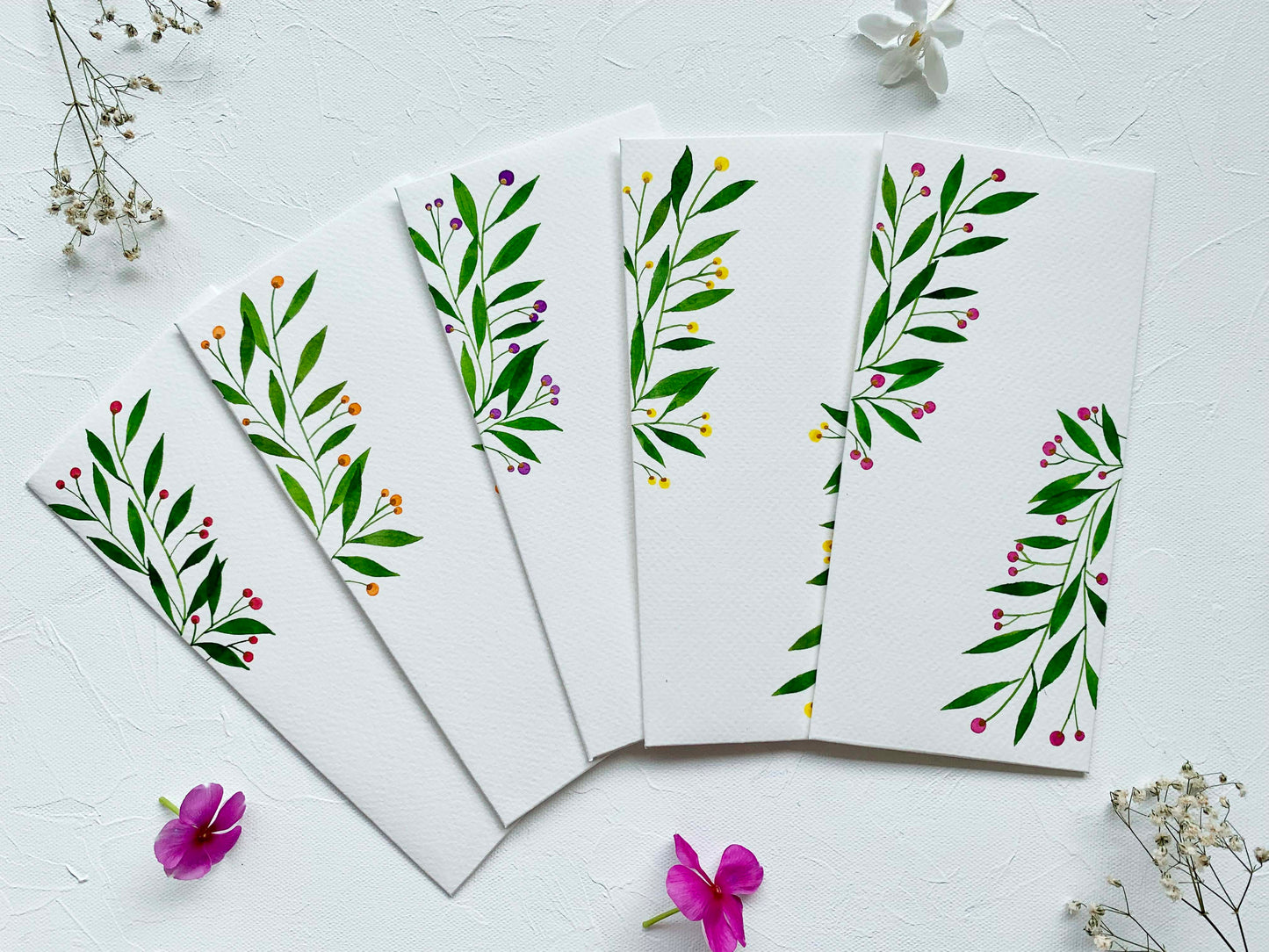 hand-painted watercolour leaves , berries botanical themed money envelopes citrus summer