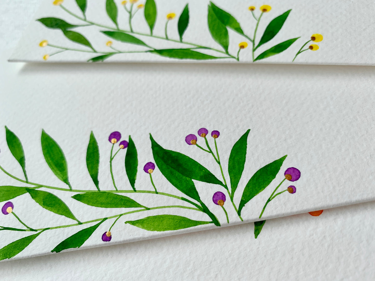hand-painted watercolour leaves , berries botanical themed money envelopes citrus summer