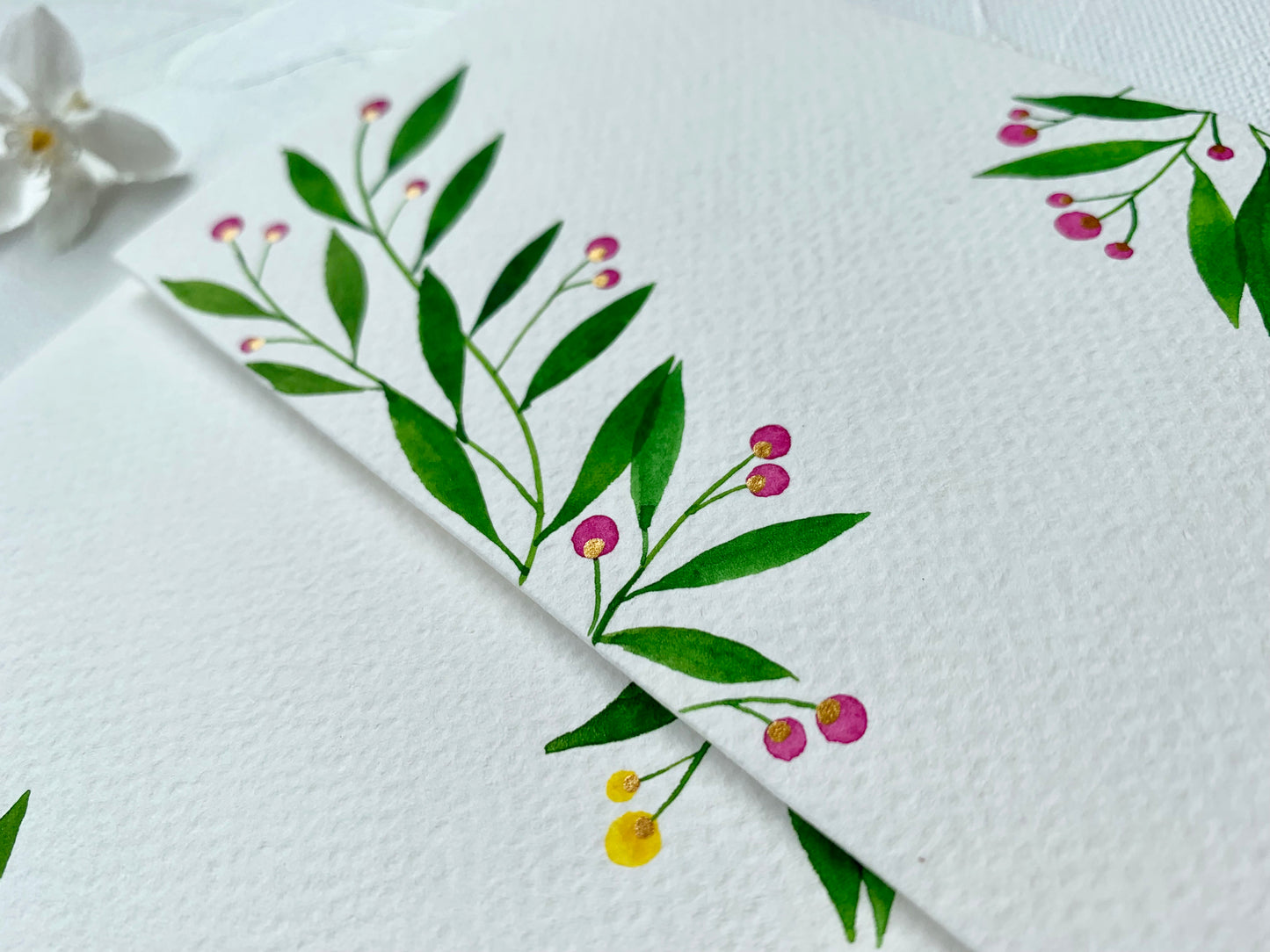 hand-painted watercolour leaves , berries botanical themed money envelopes citrus summer