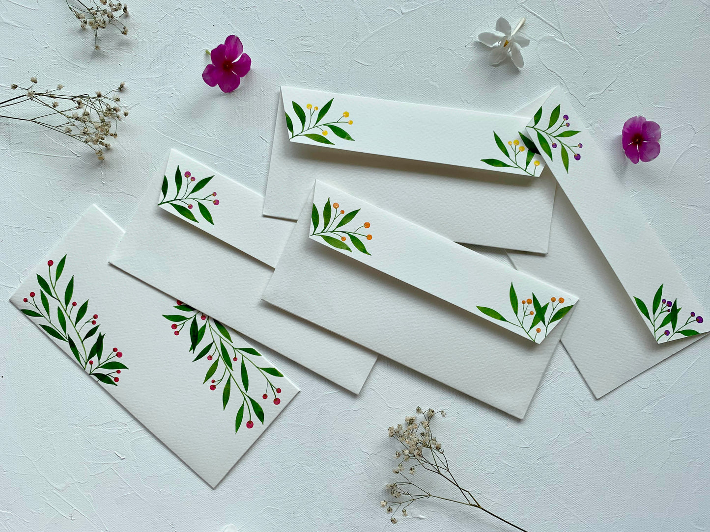 hand-painted watercolour leaves , berries botanical themed money envelopes citrus summer