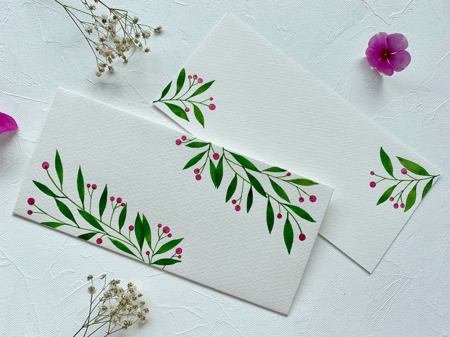 hand-painted watercolour leaves , berries botanical themed money envelopes citrus summer